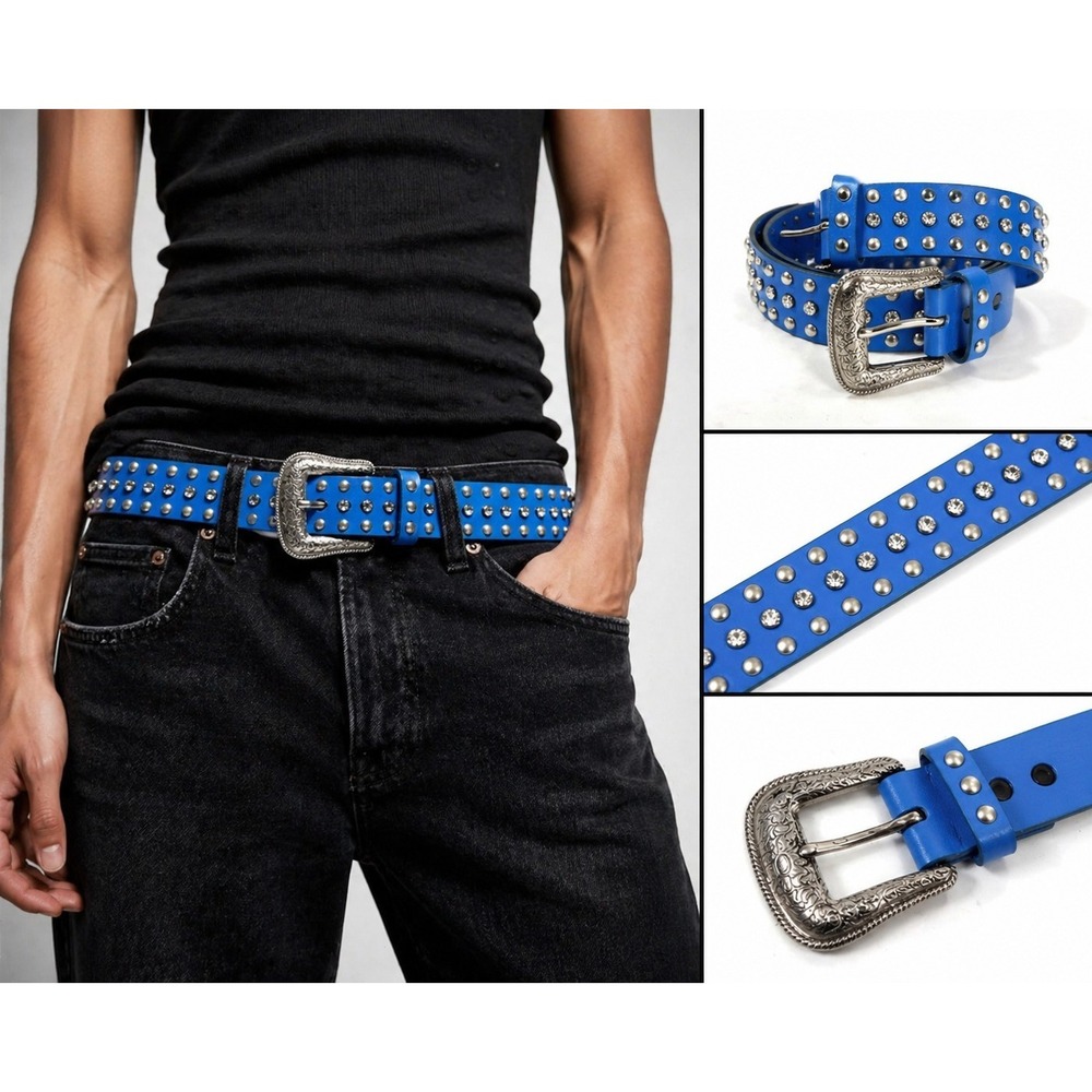 Blue Studded Belt Western Rhinestone Silver Buckle Statement Punk Rock 41 Inches